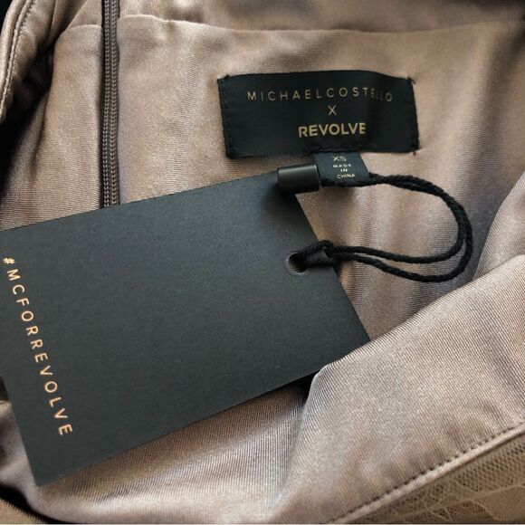 Michael Costello x REVOLVE Philip Midi Dress in Taupe Bodycon Lace Trim Halter - Picture 3 of 14